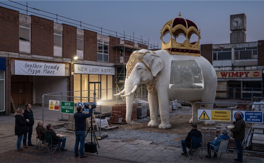 An AI generated image of an elephant wearing a jewelled headdress and crown, standing amid a Lichfield high street building site with a film projected onto the side of it.